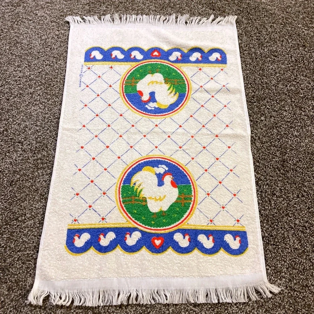 VTG CANNON Hand Kitchen Towel Fringe‎ 70s NOS Farmhouse Rooster Heart Checkered